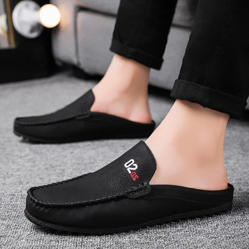 Half Shoes for Men Summer Backless Loafers Men Flats Mules Man Slip on Leather Slides Summer Mens Driving Shoes Casual Slipper