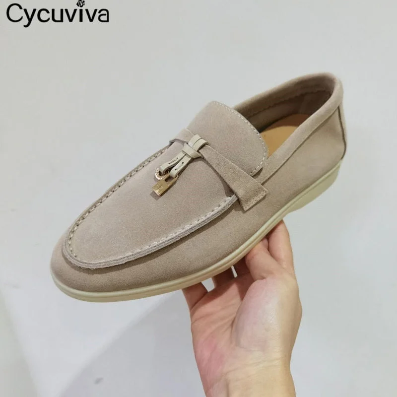 Hot Sale Kidsuede Women Flat Shoes Hanged Metal Loafers Ladies Shoes Woman Slip-on Casual Walk Shoes For Women