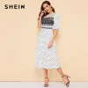 SHEIN White Mesh Yoke Polka Dot Ruffle Hem Vintage Summer Long Dress Women Bishop Sleeve Fit and Flare A Line Elegant Dresses