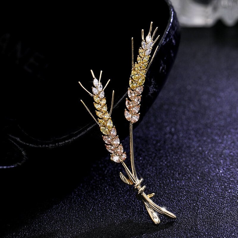 Gold Wheat Brooch with Cubic Zirconia