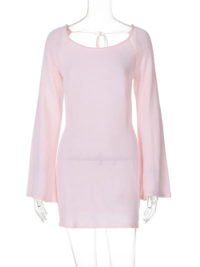 Gamezwind fall outfits women Fashion Casual Autumn Solid Sweater Dress 2025 Woman Clothing Lace-up Backless Hollow Out Knitted Short Party Dresses Streetwear