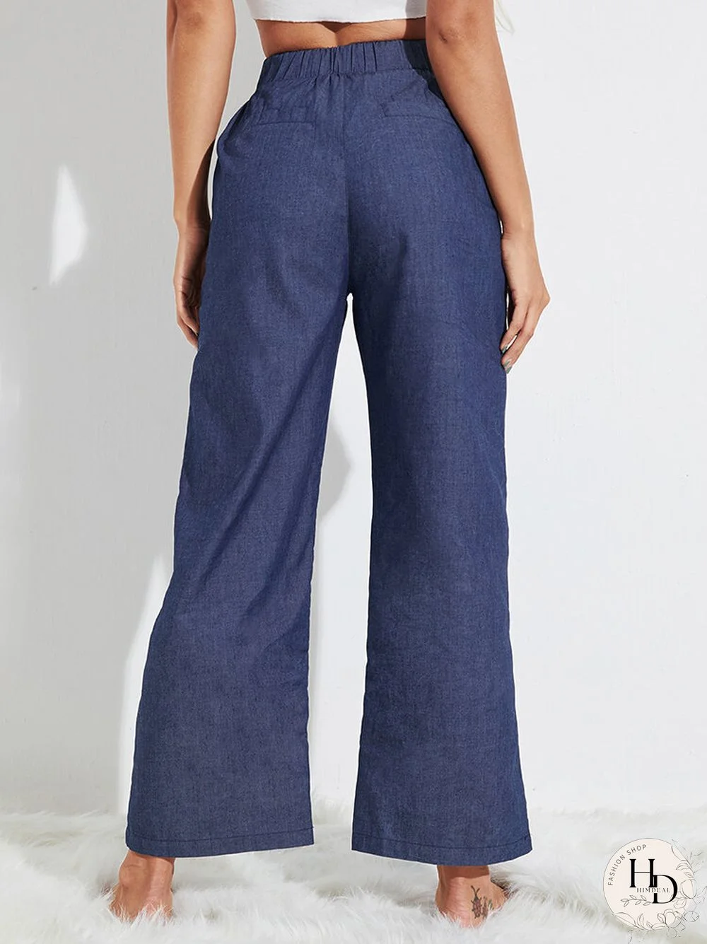 Solid Color Drawstring Pocket Elastic Waist Long Casual Pants for Women