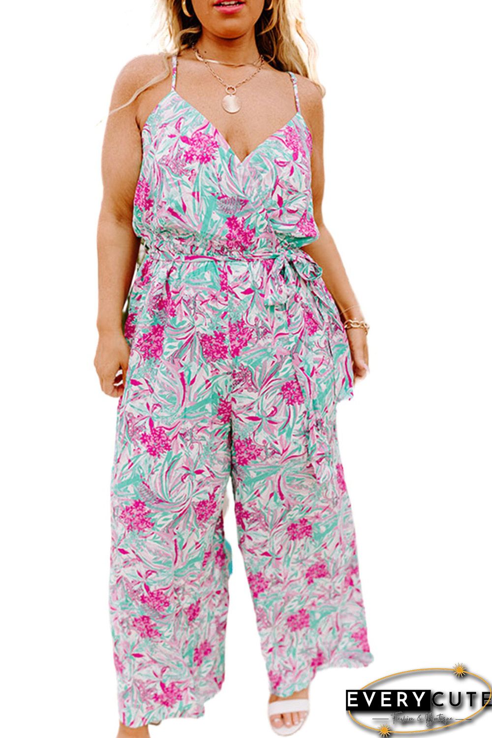 Rose Tropical Floral Spaghetti Straps Belted Plus Size Jumpsuit