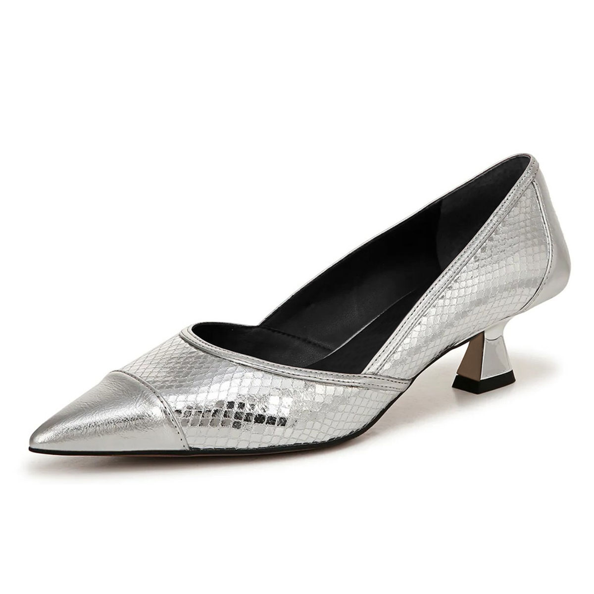 Silver Metallic Pointed Toe Low Spool Heel Women's Pumps Shoes Nicepairs