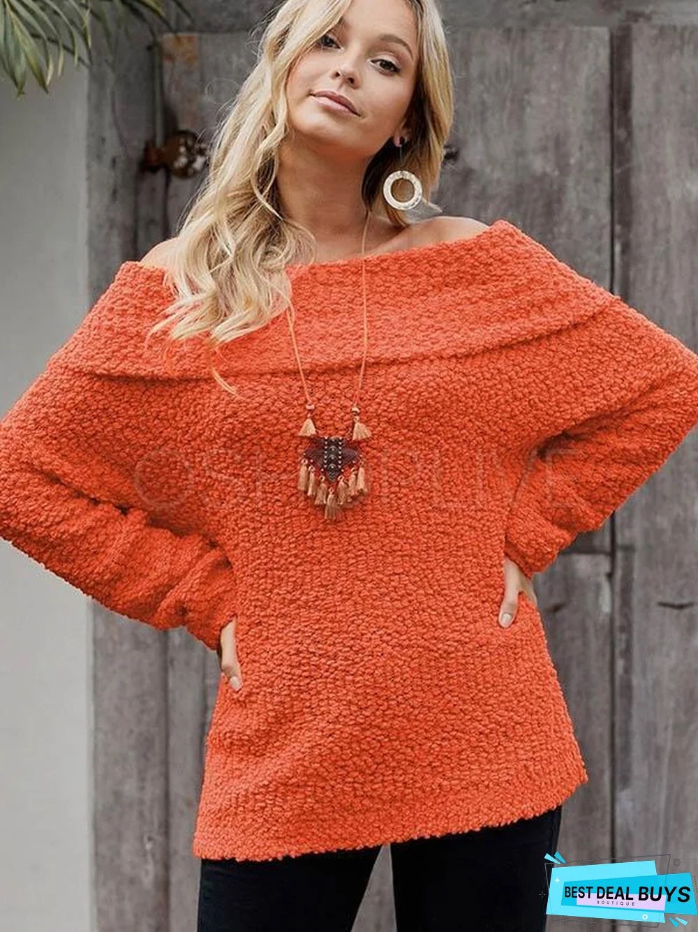 Plain One-Shoulder Collar Velvet Sweater