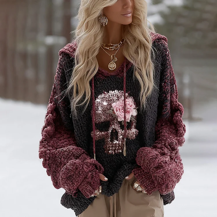 Women's Vintage Skull And Rose Color Block Art Knit Hooded Sweater