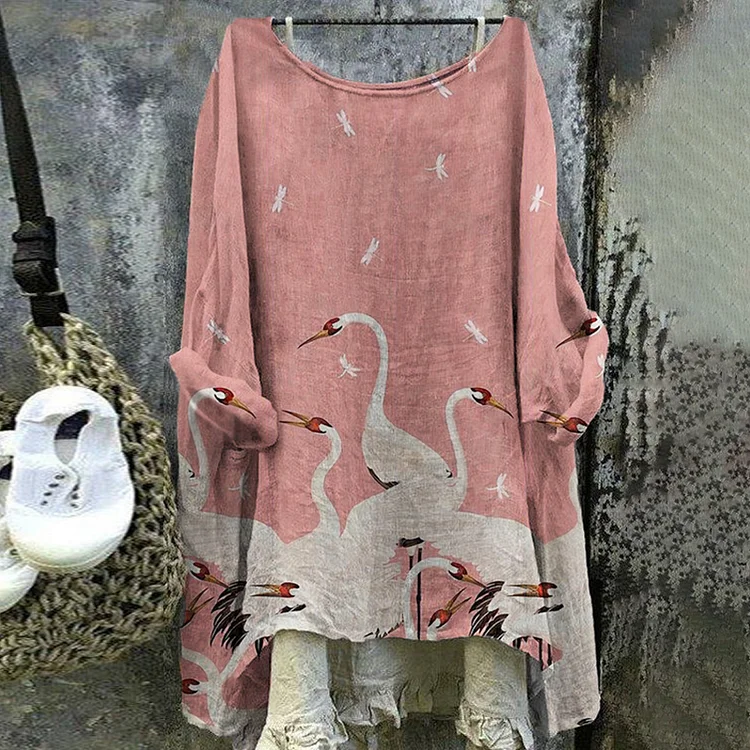 Vintage Japanese Art Crane Cotton Linen V Neck Comfy Shirt