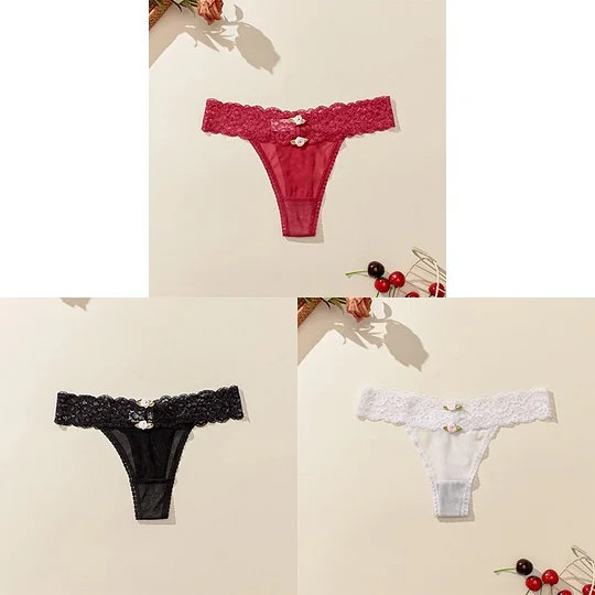 Boycrud 3PCS Women Sexy Lace Panties Low-waist  Temptation Underwear T-Back Thong Female G String Breathable Lingerie Briefs Embroidery