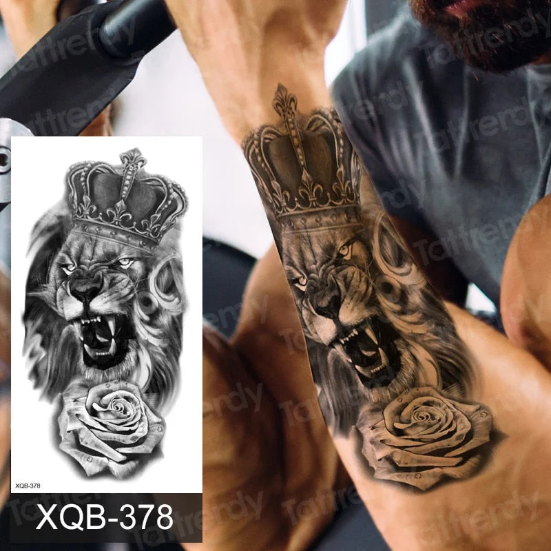 Waterproof Temporary Tattoo Sticker Lion King Crown Cross Tiger Pattern Fake Tatto Flash Tatoo Black Body Art for Kids Women Men