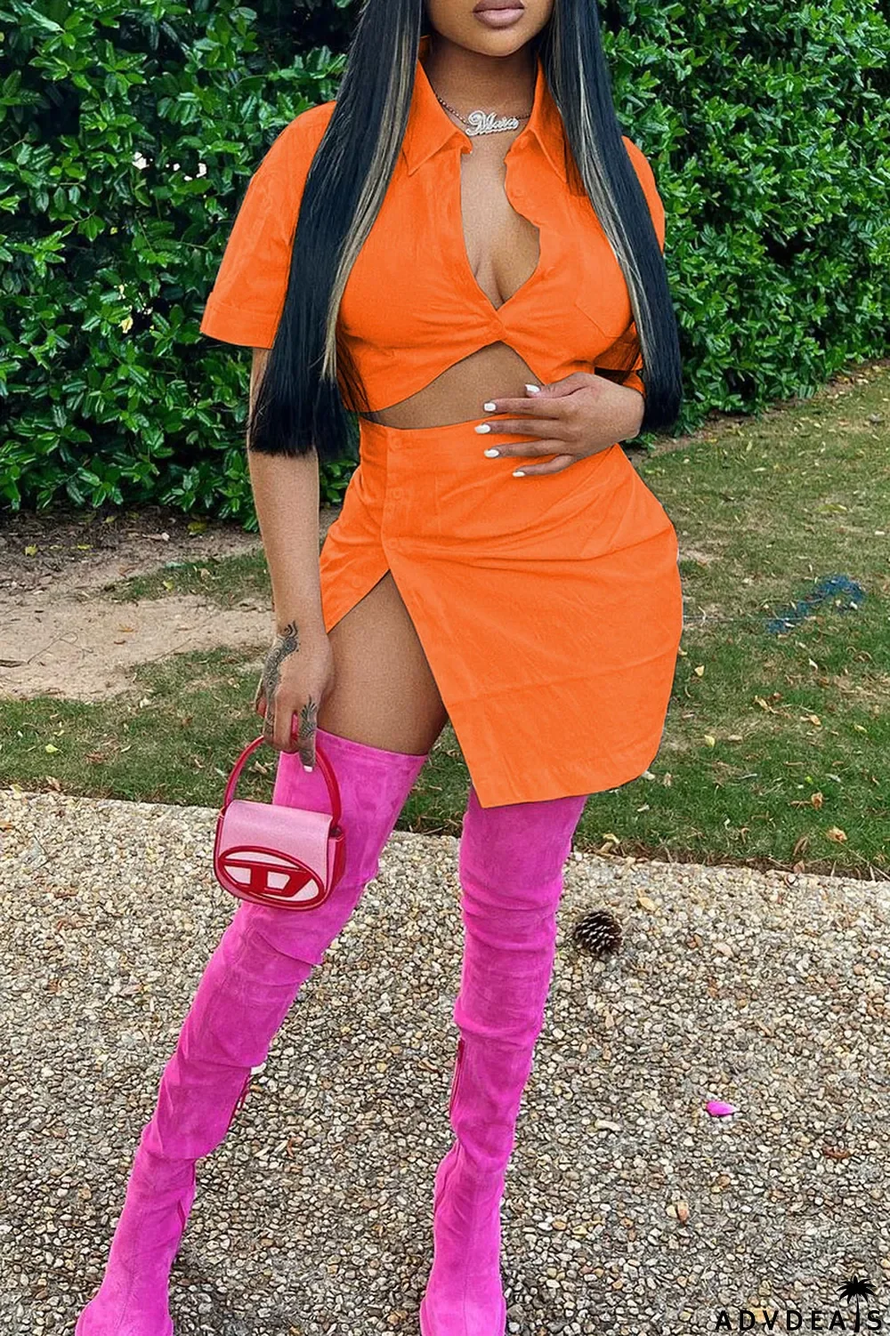 Red Fashion Casual Solid Split Joint Turndown Collar Short Sleeve Two Pieces