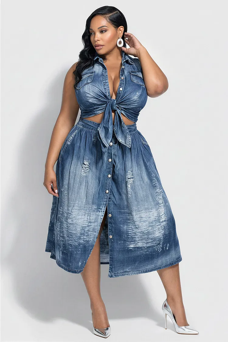 Xpluswear Design Plus Size Party Light Blue Shirt Collar Pocket Denim Two Piece Skirt Sets [Pre-Order] 2024 - Xpluswear