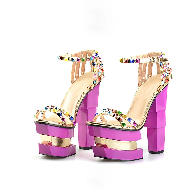 Multicolor Studs High Heels Women's Platform Sandal Evening Shoes |FSJ Shoes