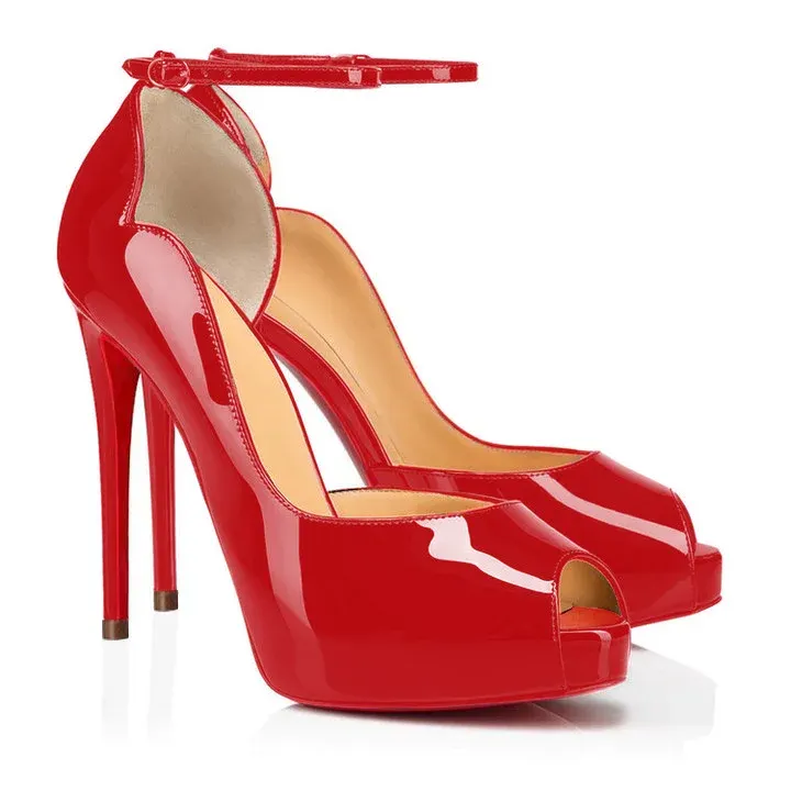 120mm Strap Platform Stilettos Red Soles Pumps Patent / Matte-vocosishoes