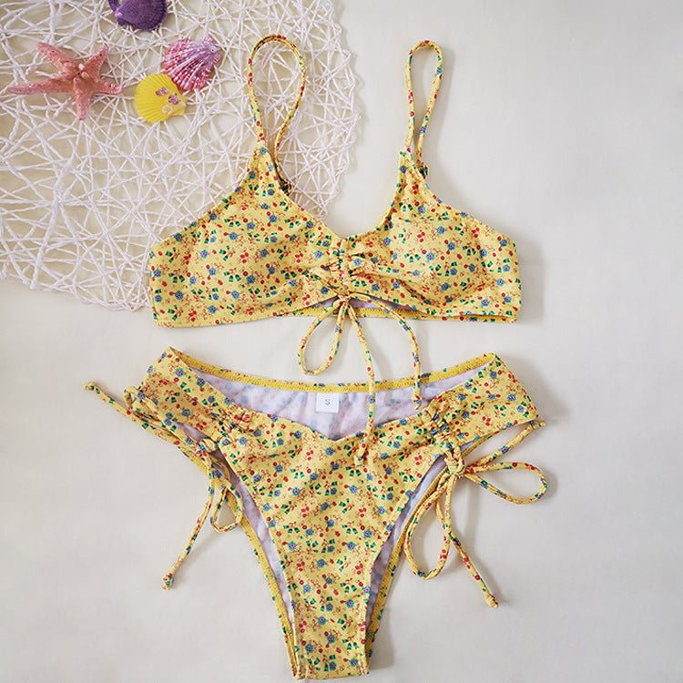 Flaxmaker Small Floral Drawstring Lace Up Sexy Bikini Swimsuit