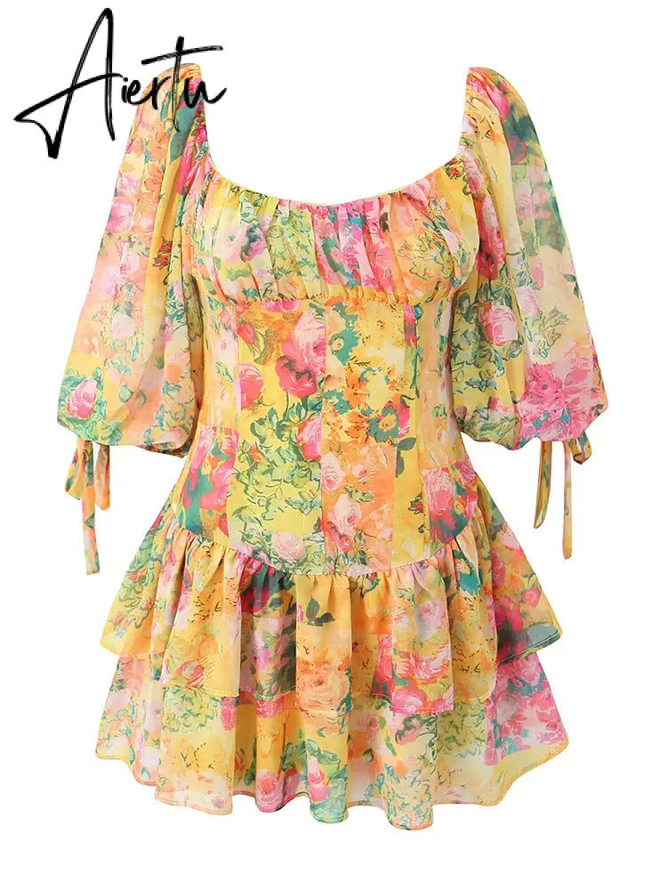 Aiertu  Women Summer Fashion Sweet Floral Print Puff Sleeve Mini Dress Cute Square Collar Sexy Backless Dresses Aiertu