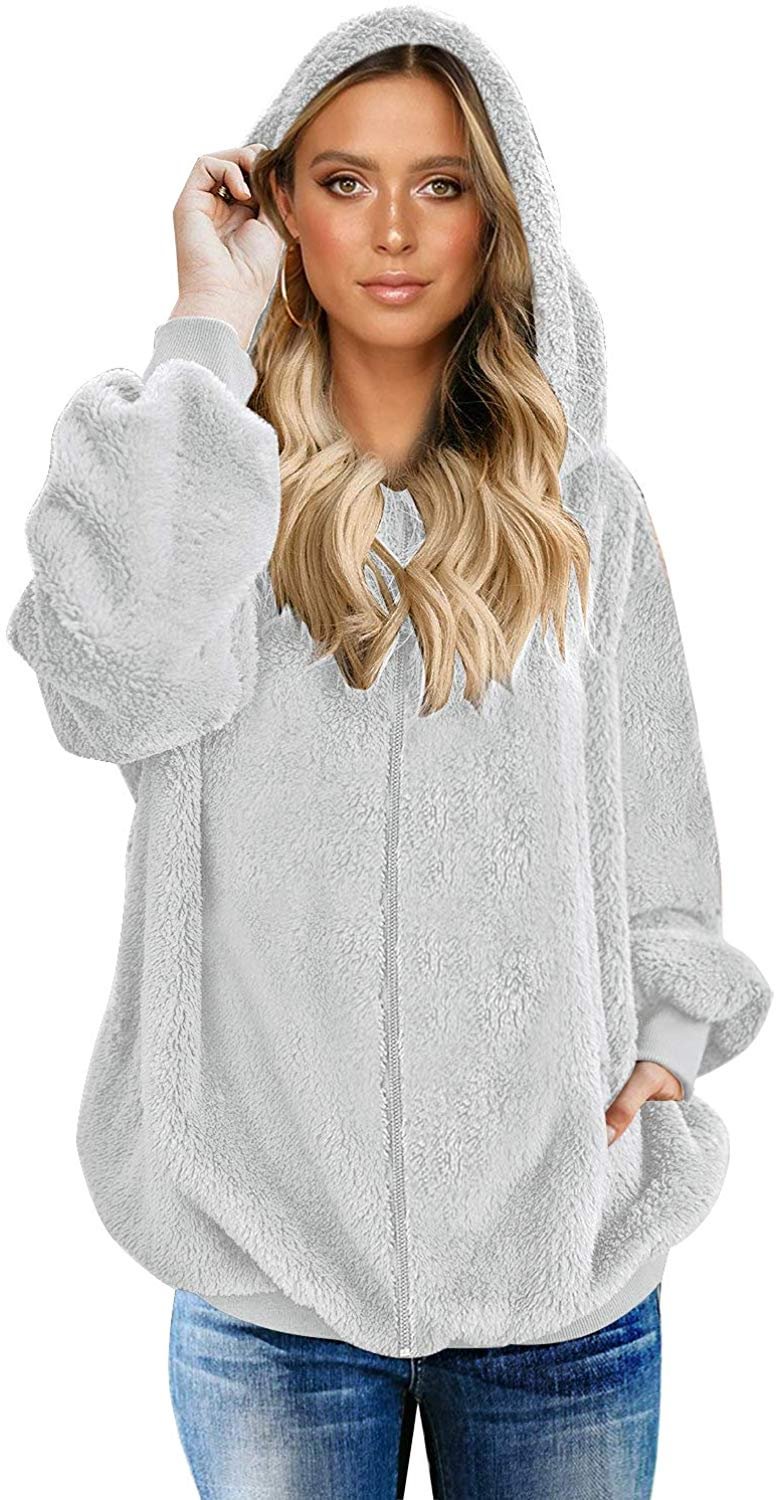 Women Casual Fuzzy Fleece Hooded Cardigan Pocket Faux Fur Outerwear Coat