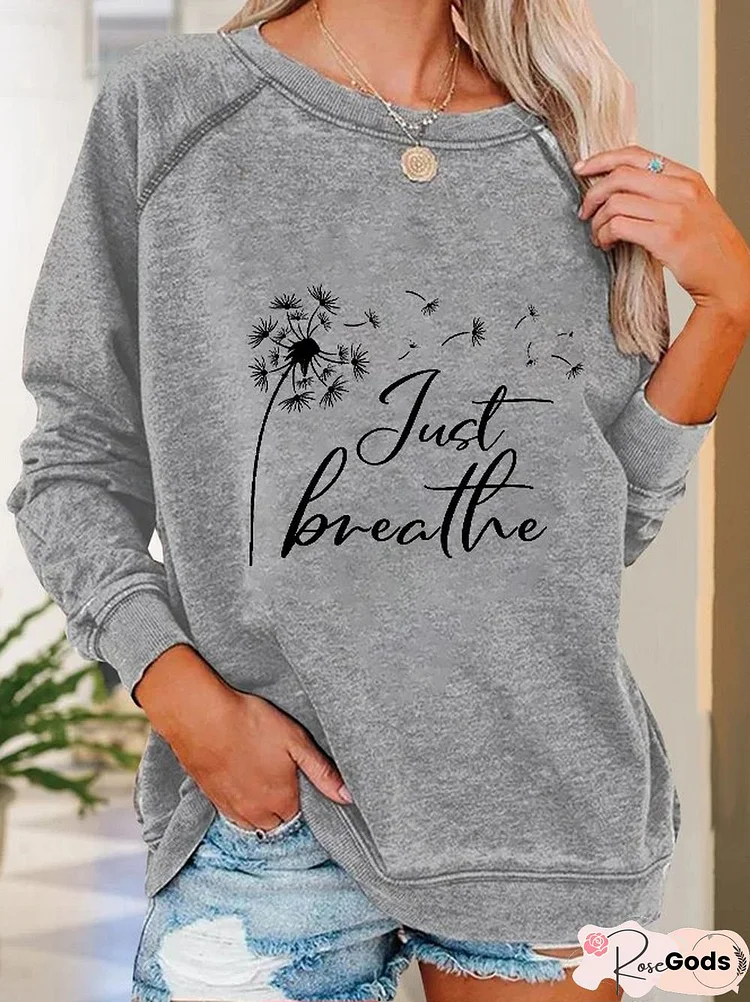 Women Casual Text Letters Autumn Daily Long Sleeve Crew Neck Cotton-Blend Regular Sweatshirts