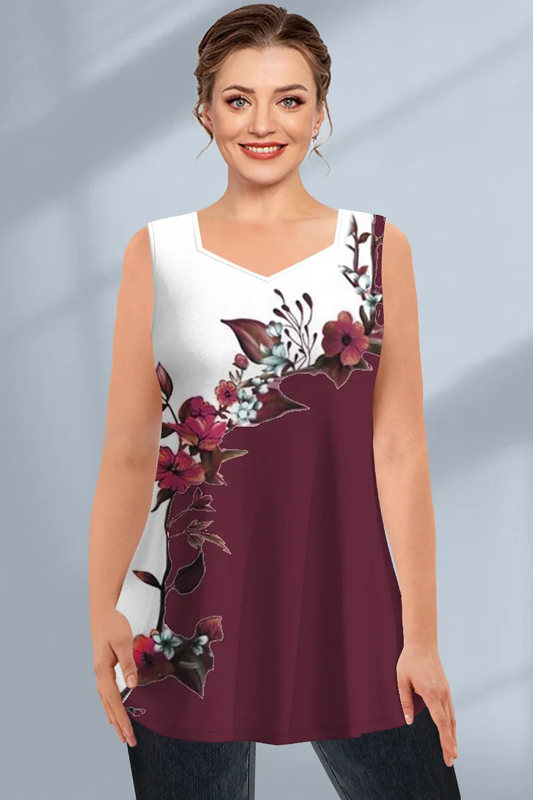 Flycurvy Plus Size Casual Burgundy Plant Floral Print Stitching Ombre Sleeveless Tank Top  Flycurvy [product_label]