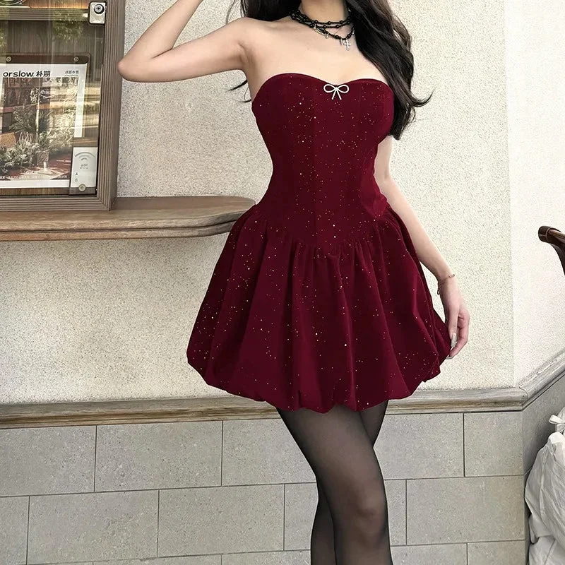 Woherb Sequin Strapless Puff Skirt Mini Dress-Outfit Ideas
