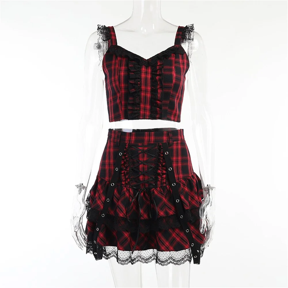 Jangj Cyber Y2K Skirt 2PCS Goth Grunge Red Pleated Skirt Suit E Girl Clothes Lace Sakter Gothic Two Pieces Kawaii Skirts Cyberpunk
