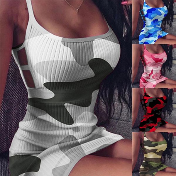 Women Fashion Slim Fit Hip Camouflage Sling Dress Hollow-out Party Skirt Dress - Shop Trendy Women's Fashion | TeeYours