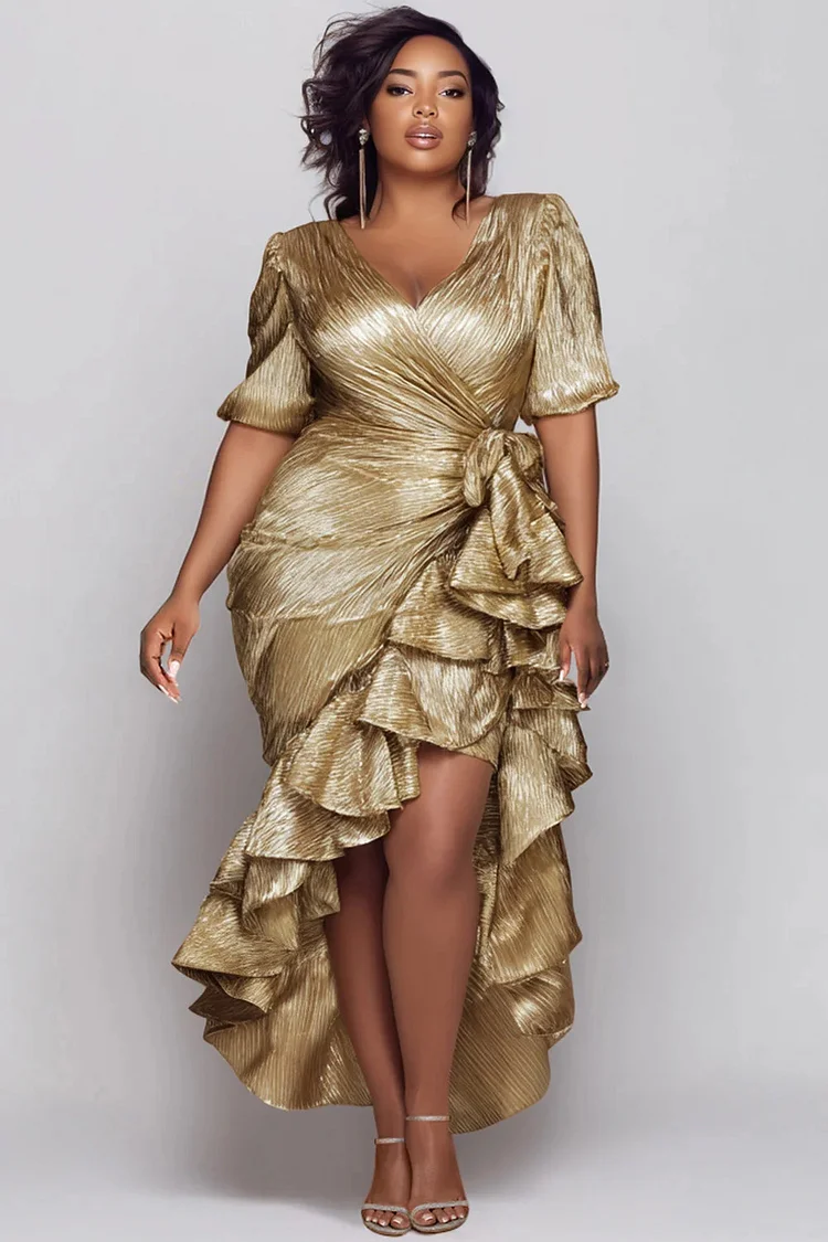 Xpluswear Design Plus Size Cocktail Party Gold V Neck Puff Sleeve Short Sleeve Ruffle Elegant Wrap Midi Dresses  2024 - Xpluswear