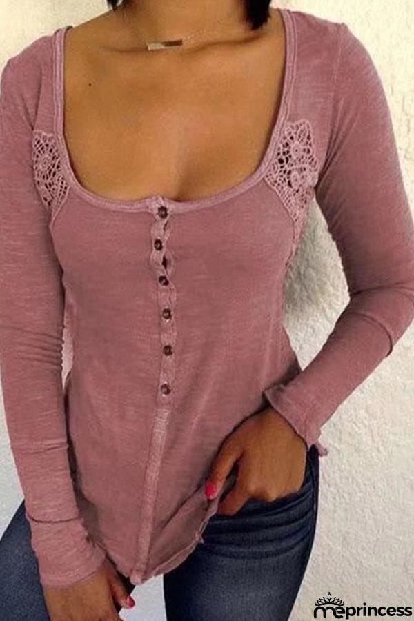 Button Long Sleeve U Neck T Shirt