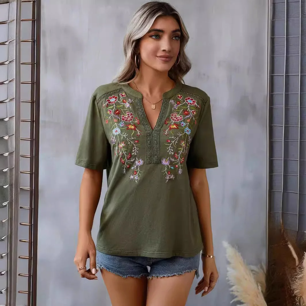 Women's Vintage Boho Casual Embroidered Stitching Lace Loose Blouses V-neck T-shirt
