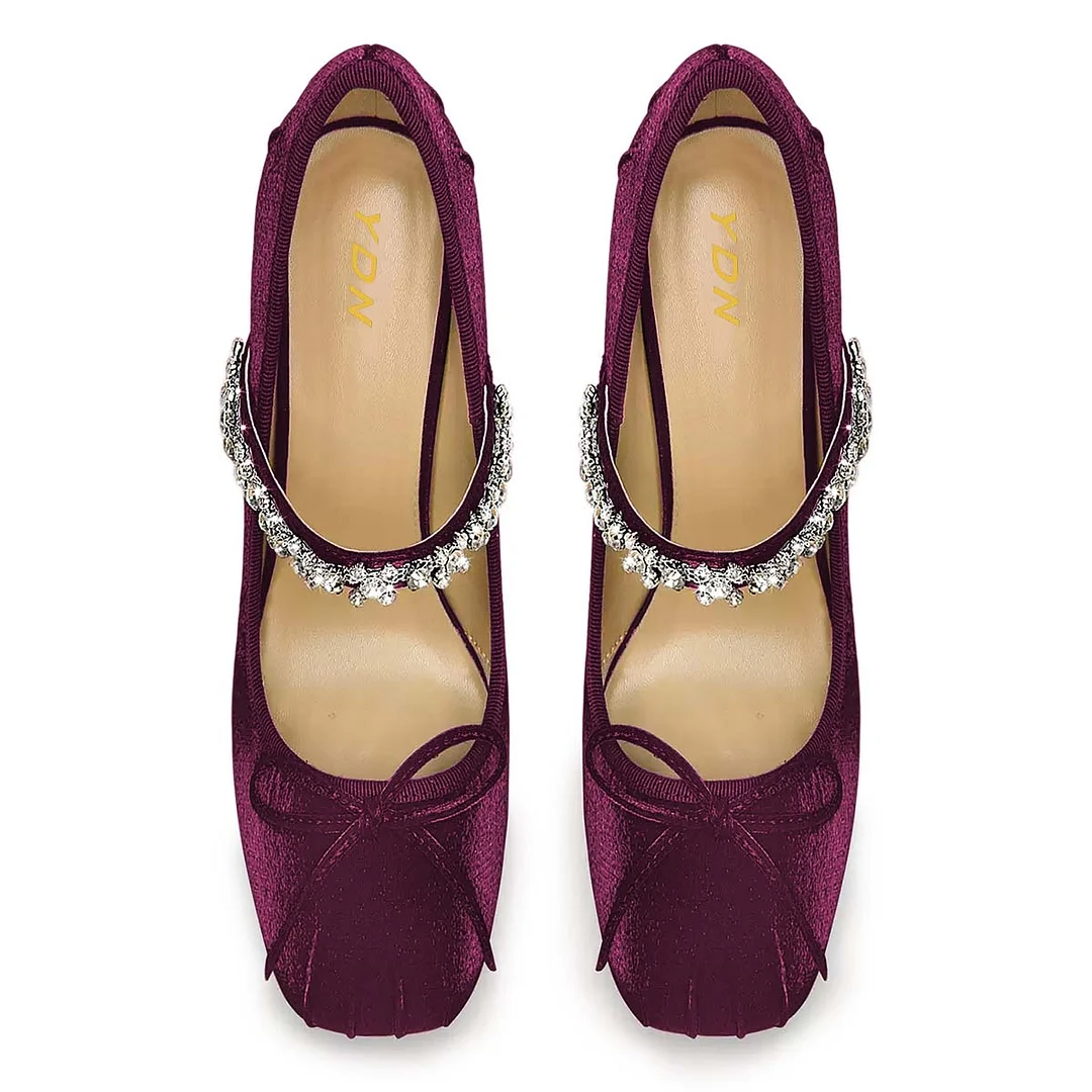 Purple Velvet Rhinestone Flared Heel Square Toe Bow Pumps Shoes