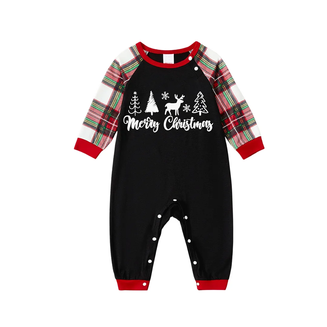 Christmas Pattern and Text Print Black Long Sleeve Top with Red & White & Green Plaid Family Matching Pajamas