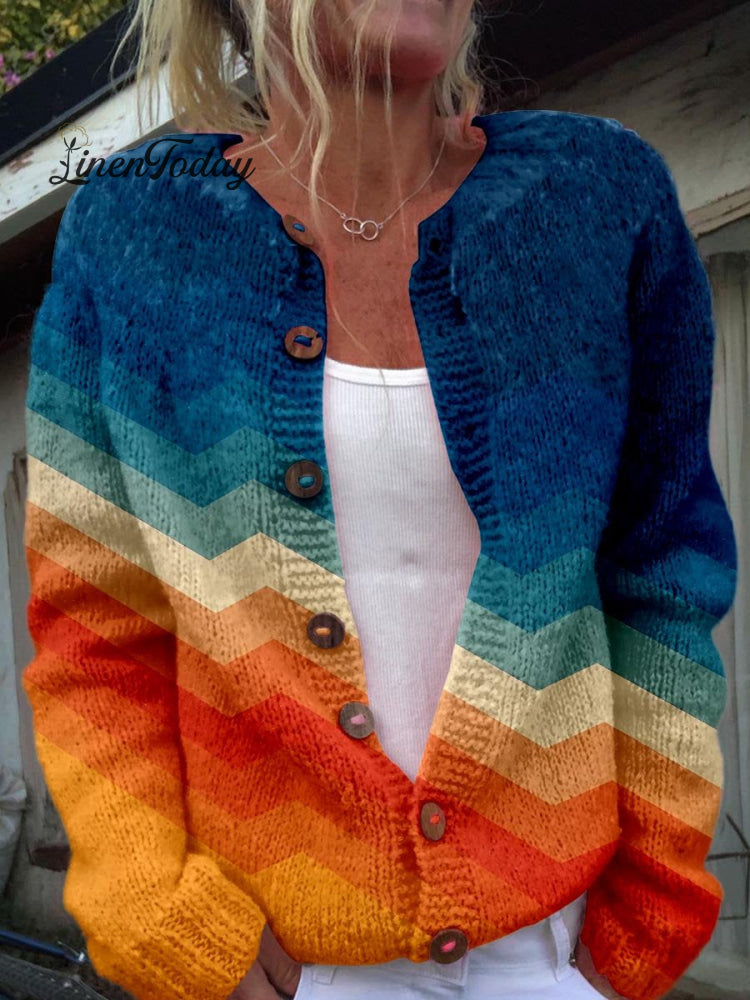 Vintage Orange And Blue Stripes Print Buttoned Cardigan Sweater Multicolor / S