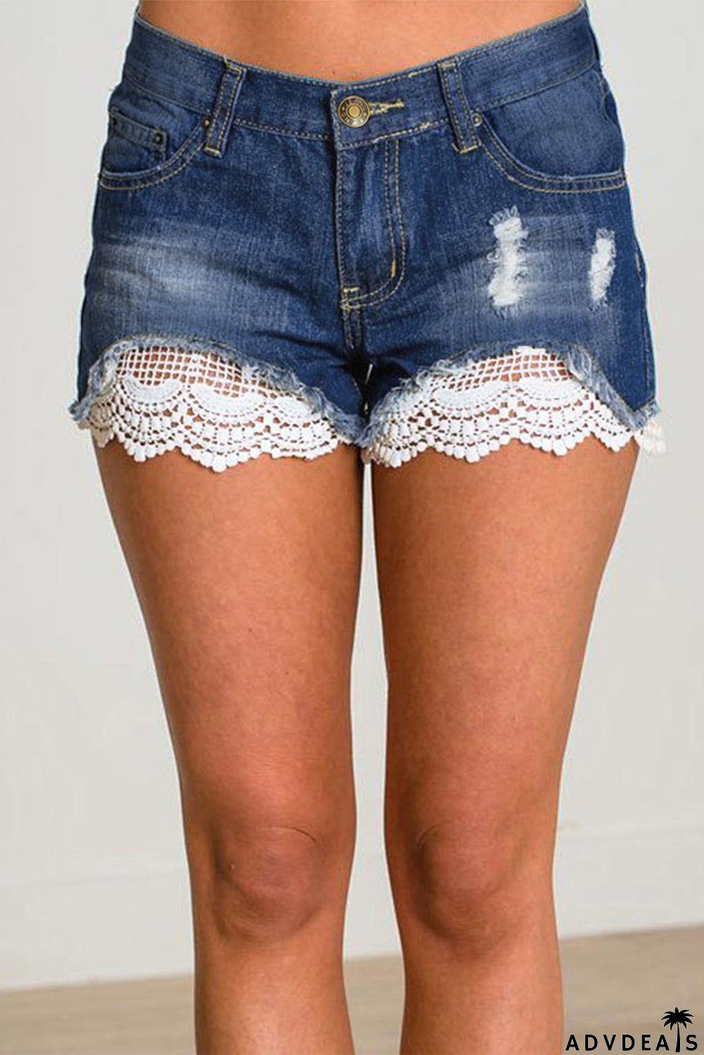 Lace Splicing Distressed Denim Shorts