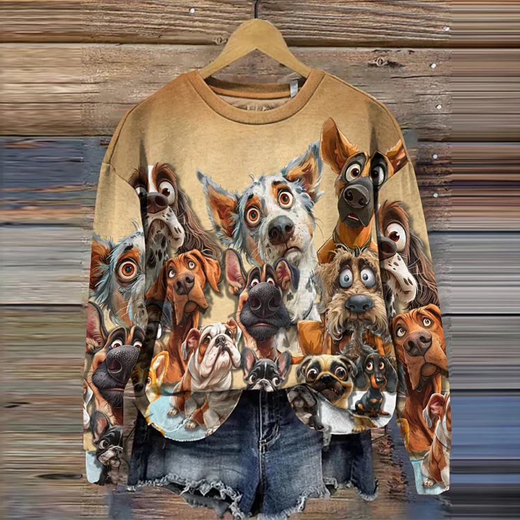 Vintage Dog Print Crew Neck Long Sleeve Sweatshirt