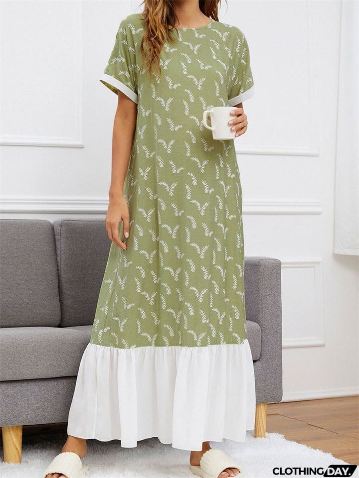 Round Neck Printed Contrast Color Long Dresses
