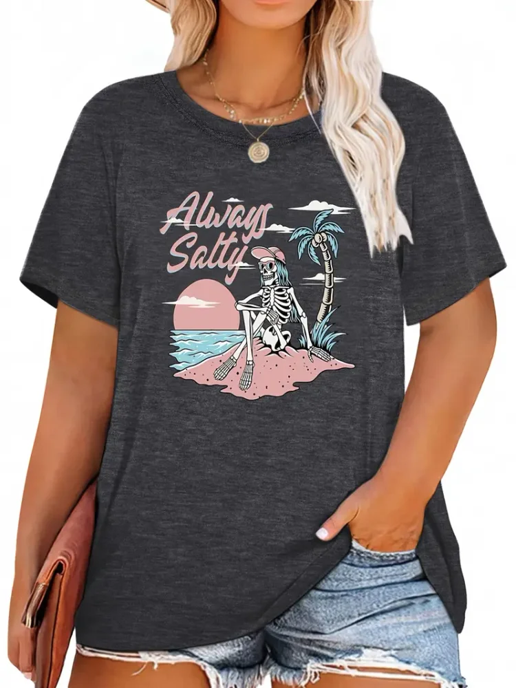 Plus Size Halloween Casual T-shirt, Women's Plus Graphic & Beach & Letter Print Short Sleeve Round Neck Funny Tee