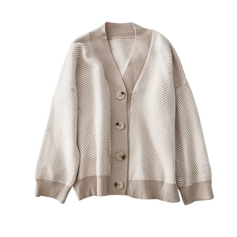 Knitted Cardigan Women Casual Oversize Striped Sweater Female Loose Cardigan Tops Button Up V Neck Patchwork Casaco Feminino