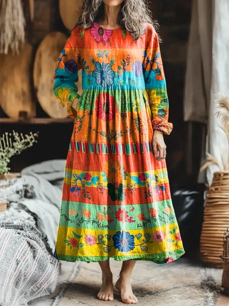 Women's Colorful Ethnic Floral Art Pattern Print Pocket Cotton Dress