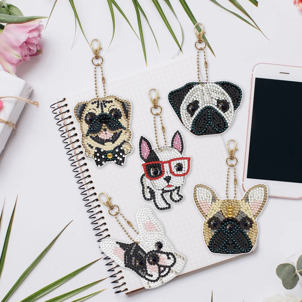 5pcs Diamond Painting Keyring Kits DIY Dog Keychain Bag Pendant(Double Sided)