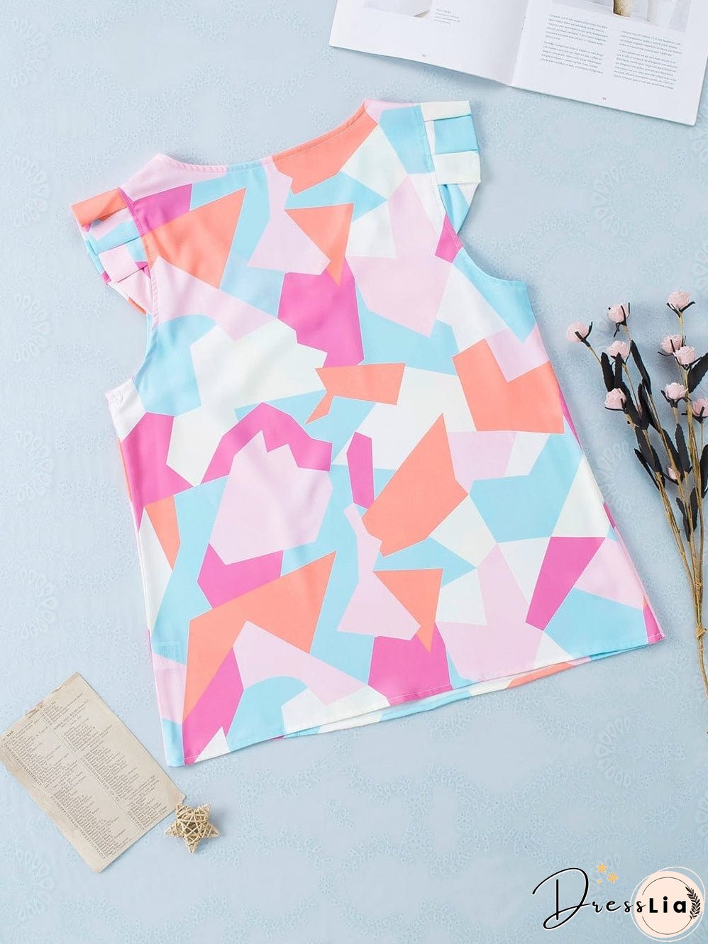 Pastel Geometric Print V-Neck Cap Sleeve Top with Colorblock Detail