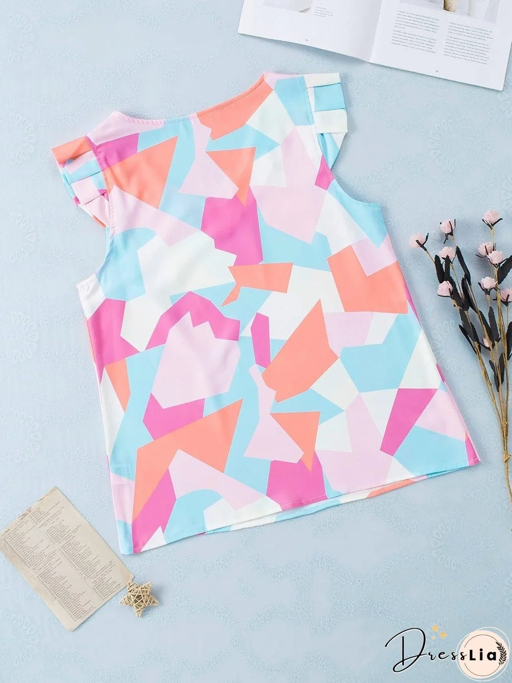 Pastel Geometric Print V-Neck Cap Sleeve Top with Colorblock Detail