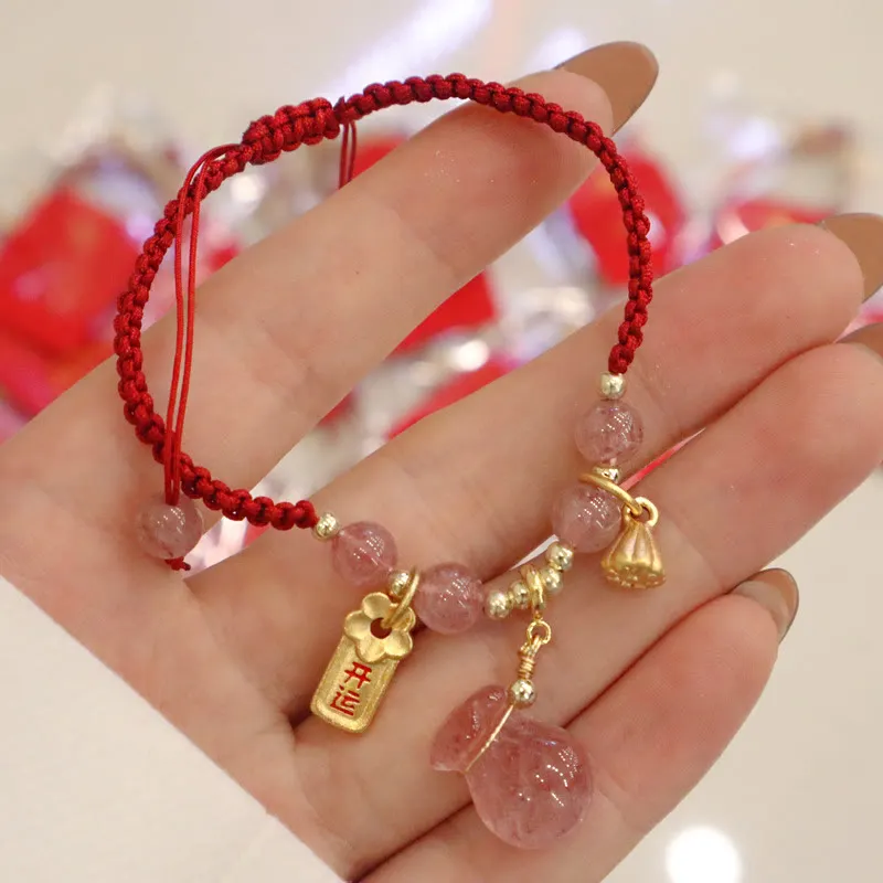 Strawberry Quartz Money Bag Lotus Healing Charm Red String Braided Bracelet