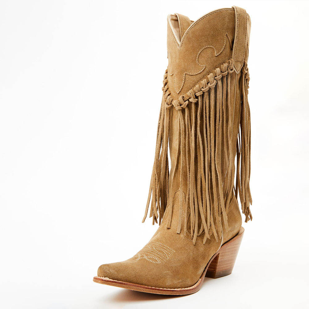 Tan Faux Suede Snip Toe Chunky Heel Fringe Mid-Calf Cowgirl Boots Nicepairs