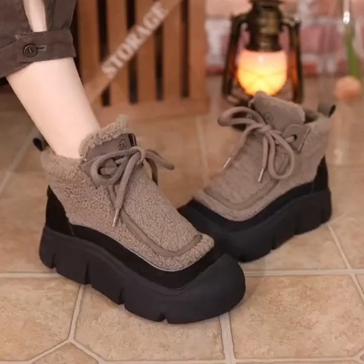 Winter Thick-soled Snow Boots Women Padded Warm Platform Boots Lace Up Comfortable Mother Cotton Shoes Botas Para Mujer