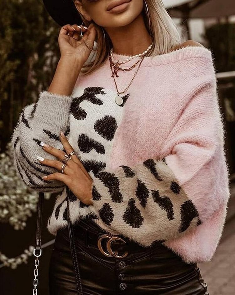 Leopard Print Colorblock Fluffy Sweater - Shop Trendy Women's Clothing | LoverChic