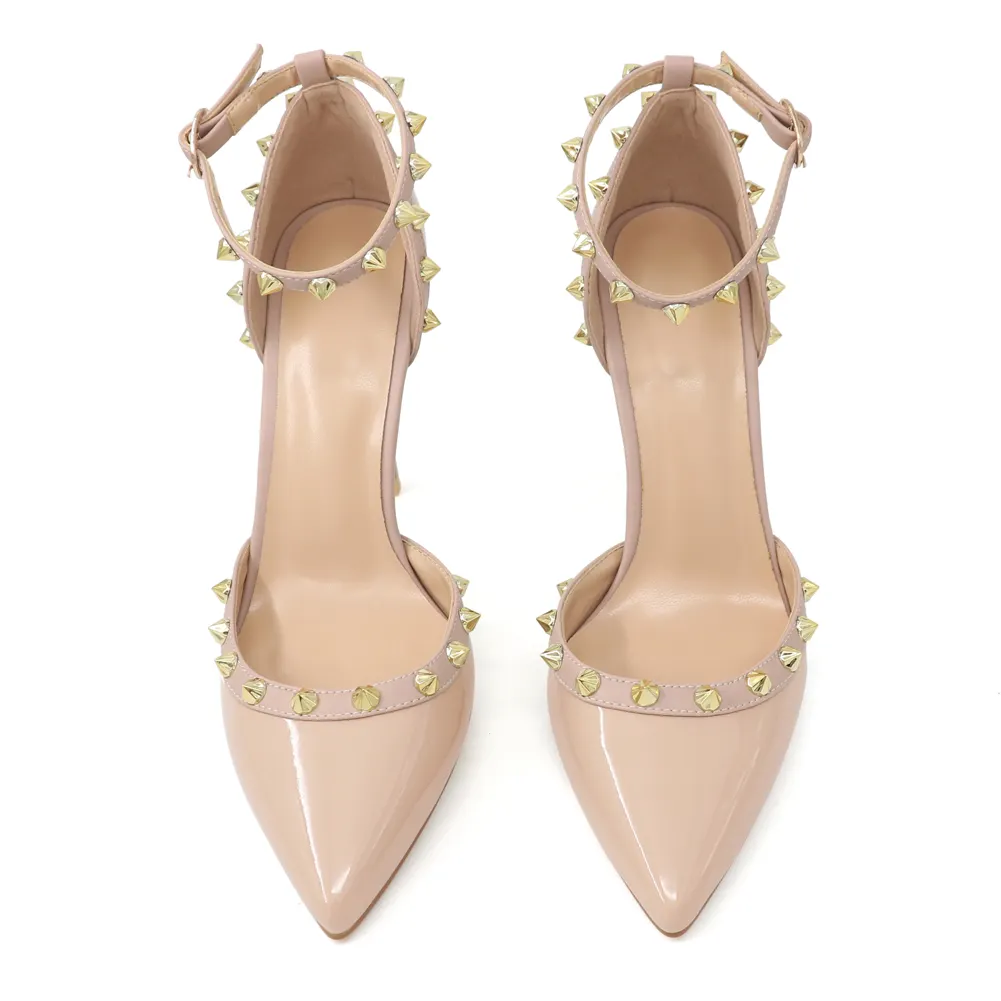 100mm Womens Pointed Toe Pumps Golden Point Rivets Ankle Strap Sandals-vocosishoes