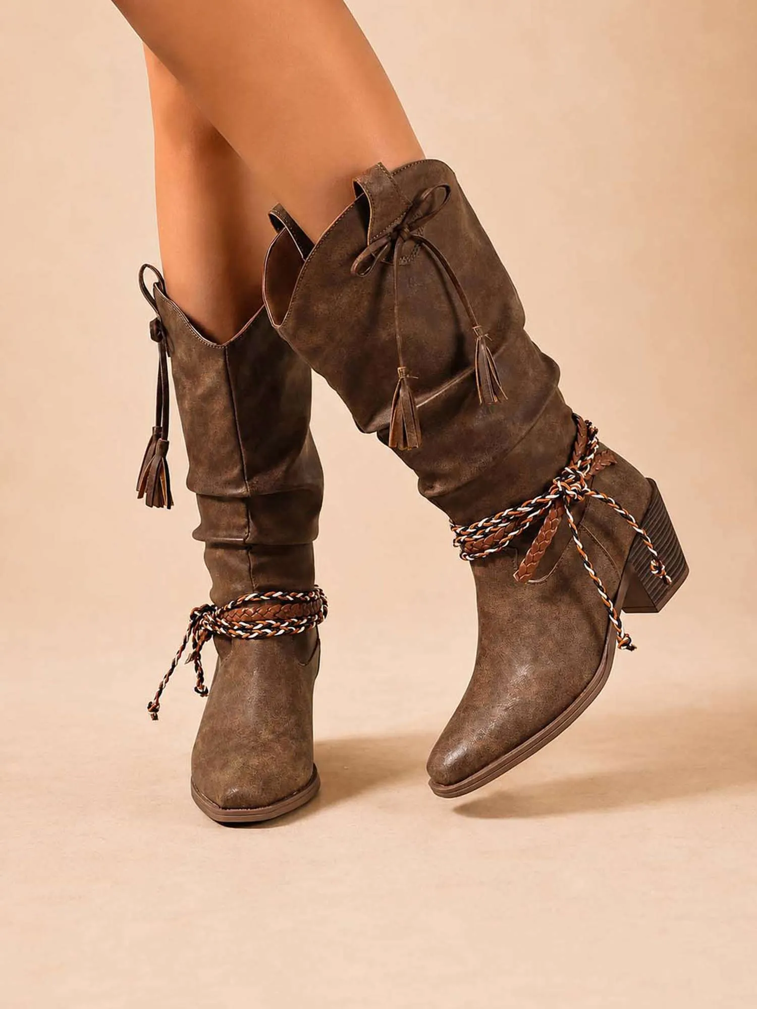 Relaxed Weekend Boho Gatherings &mdash; Effortless Statement Mixed Texture Multi-Strap Women's Fashion Boots