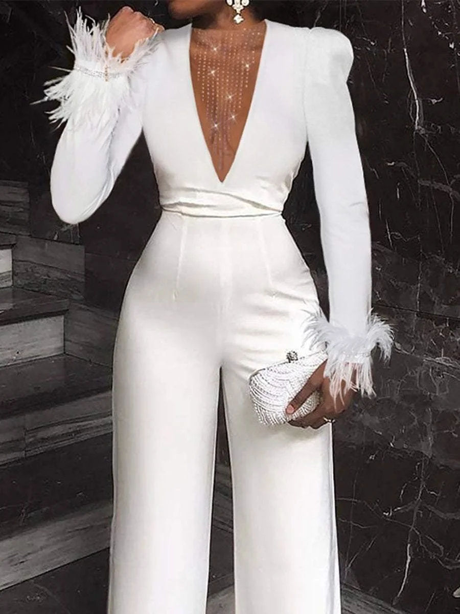 Elegant V-Neck Long Sleeve High Waist Jumpsuit