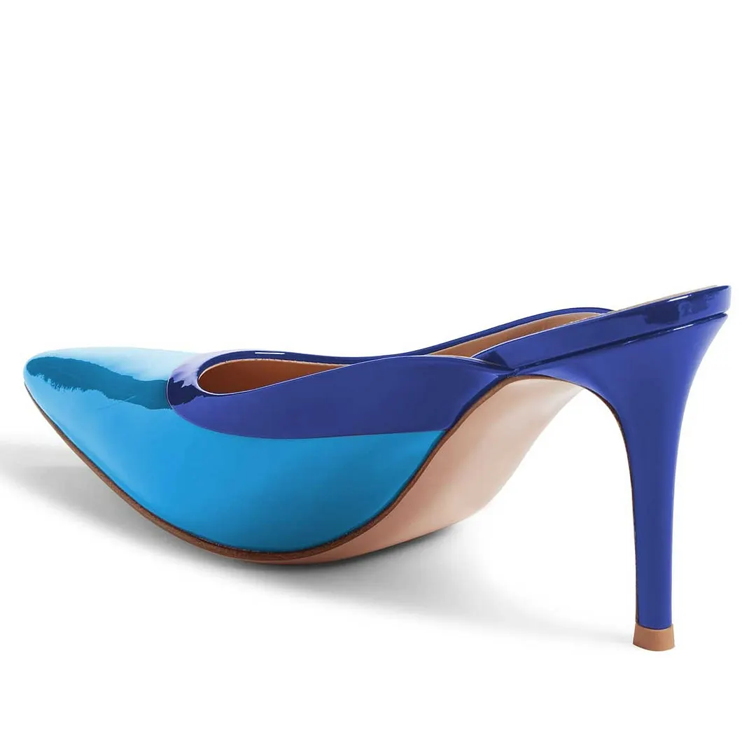 Patent Pointed Toe Stiletto Heel Slip-On Women's Mules Shoes in Blue