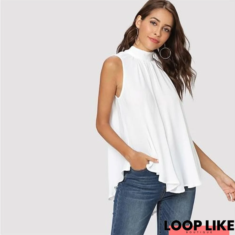 Elegant Sleeveless Pleated Blouse Women Summer Stand Collar Back Lace Up Blouses