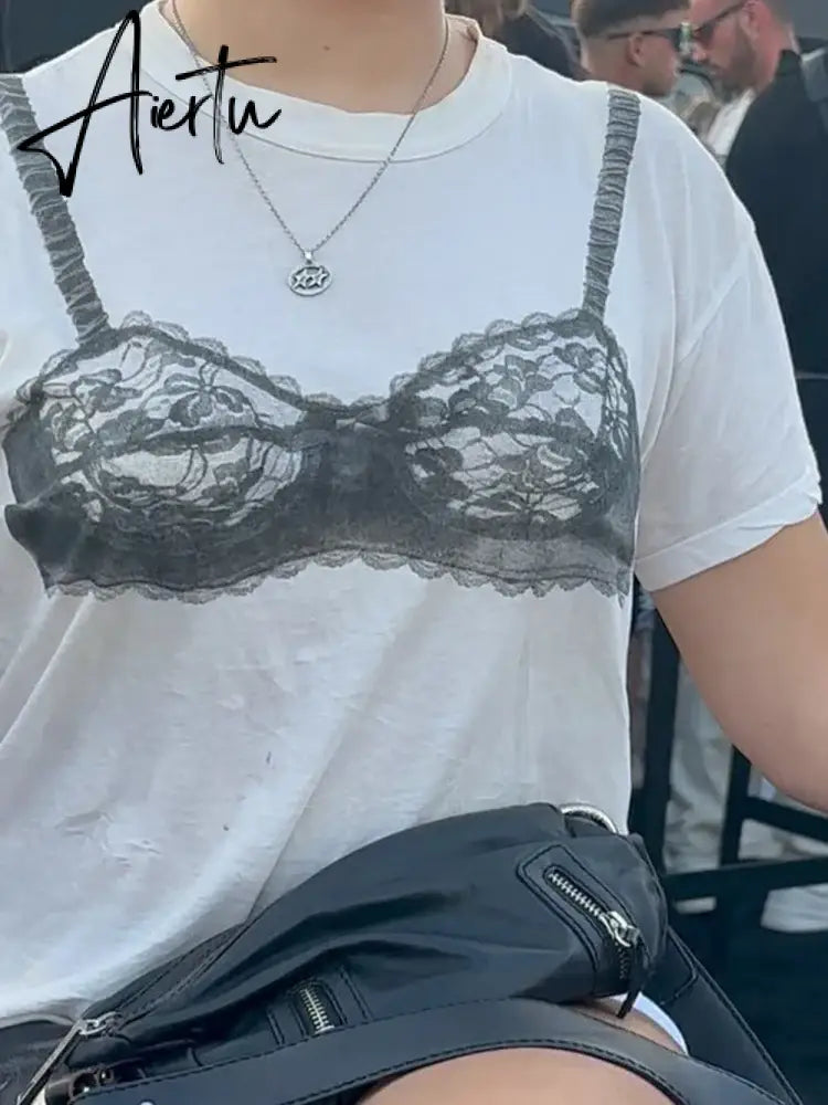Aiertu Casual Basic Lace Bra Printed T Shirt Sexy Loose O-Neck Short Sleeve Tees Women 2023 Summer Fashion Streetwear Ladies Aiertu
